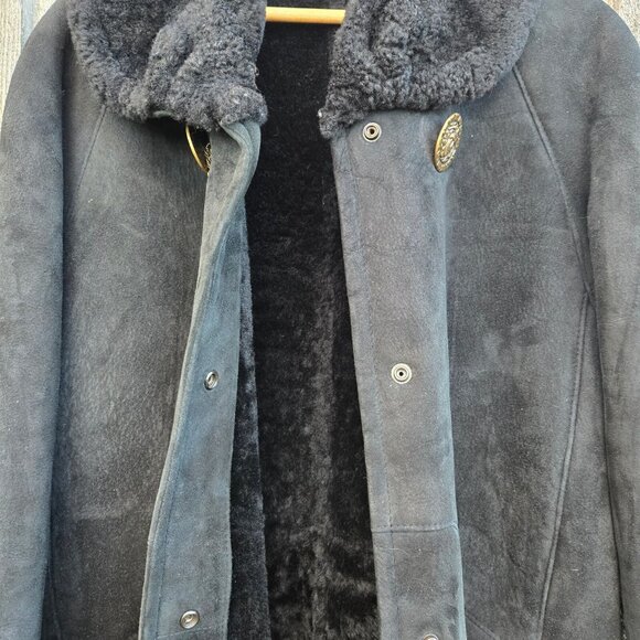 Vintage 80s Black Sheepskin Coat Womens Size M Mid Length Medusa Head Buttons - Picture 11 of 15